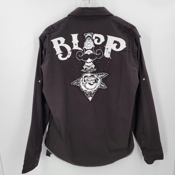 Blac Label Shirt Mens Large Snap Button Distressed Studded Roll Tab Grunge - Picture 1 of 16
